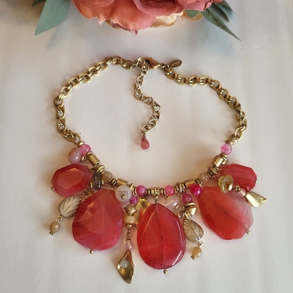 Chico's Necklace Pink Glass Slab Mother Of Pearl Goldtone Statement Jewelry 18" - Picture 6 of 12